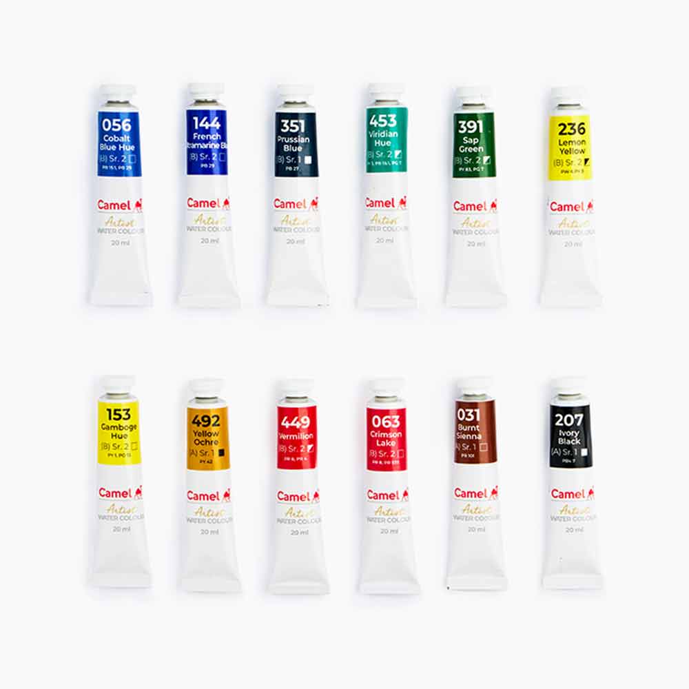 Camel Artist Water Color Paint Set - 12 Shades Multicolor 20ml tubes. 