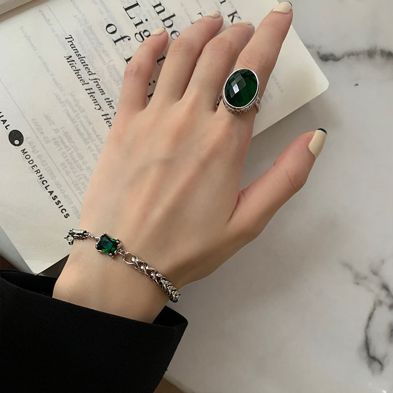 925 sterling silver square green diamond bracelet women's vintage Thai silver distressed hollow fashion love buckle thick chain bracelet. 