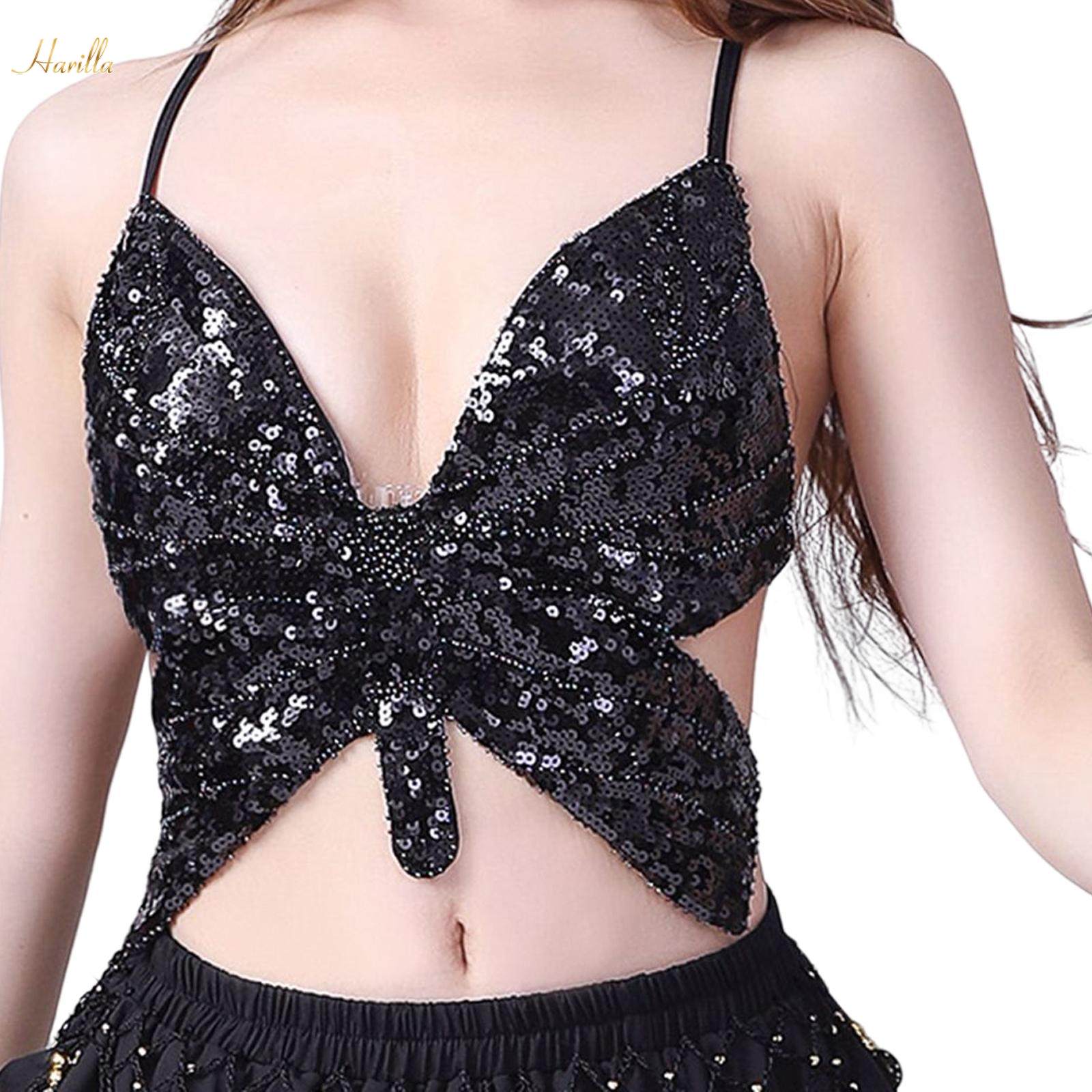 Shiny Sequins Butterfly Crop Costume Glitter Bra Tops for Halloween Black. 