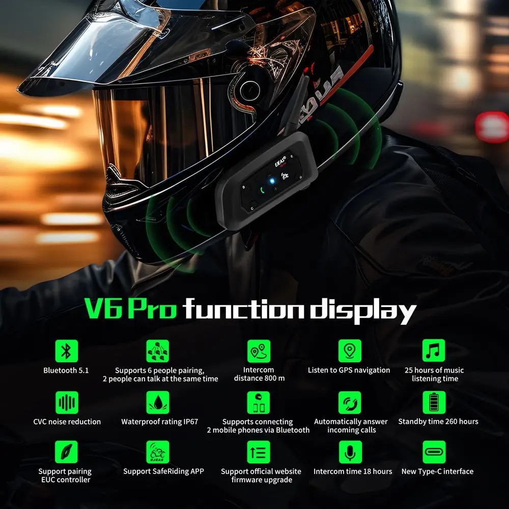 EJEAS V6 PRO+ Motorcycle Intercom Helmet Bluetooth Headset 6 Riders 800m Communicator Waterproof V5.1 Music Player Interphone. 
