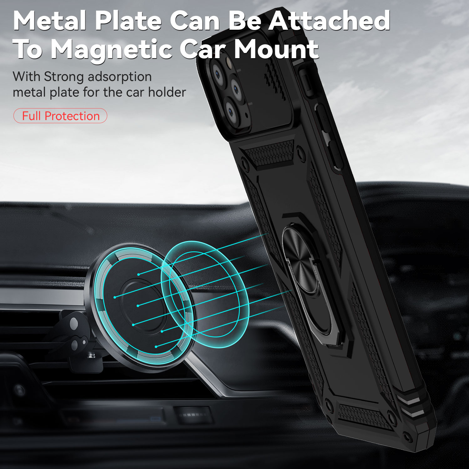 For iPhone 11 Pro Case with Slide Camera Cover, 360° Ring Holder Metal Kickstand, work for Phone Holder Car Mount, Drop Peep Protection. 