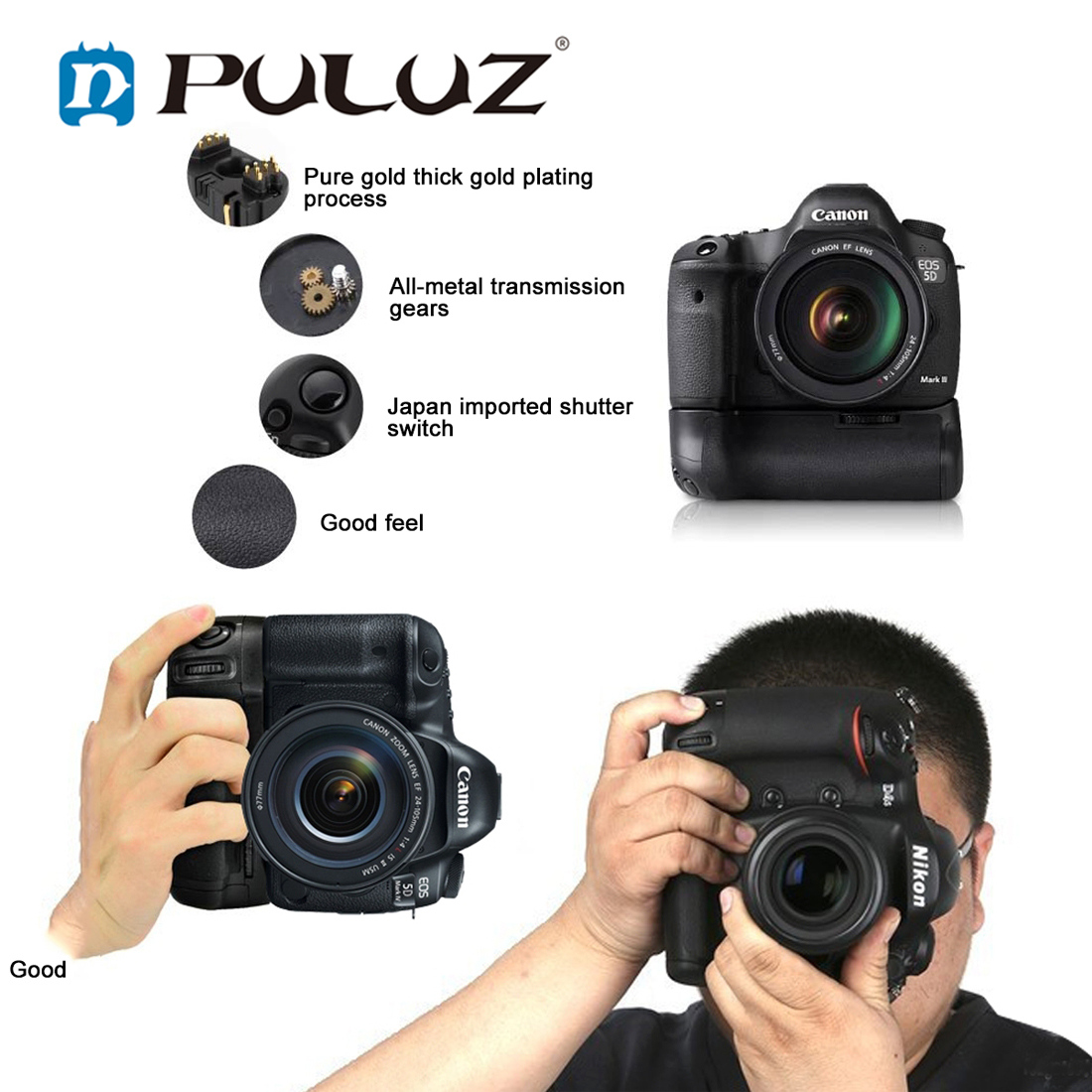 PULUZ Vertical Camera Ba-tte-ry Grip for Canon EOS 5D Mark IV Digital SLR Camera ,Use 2*Canon LP-E6 / LP-E6N,Aperture value / Exposure compensation button, AF point selector / Magnify button, AE lock / FE lock / Index / Reduce button.. 