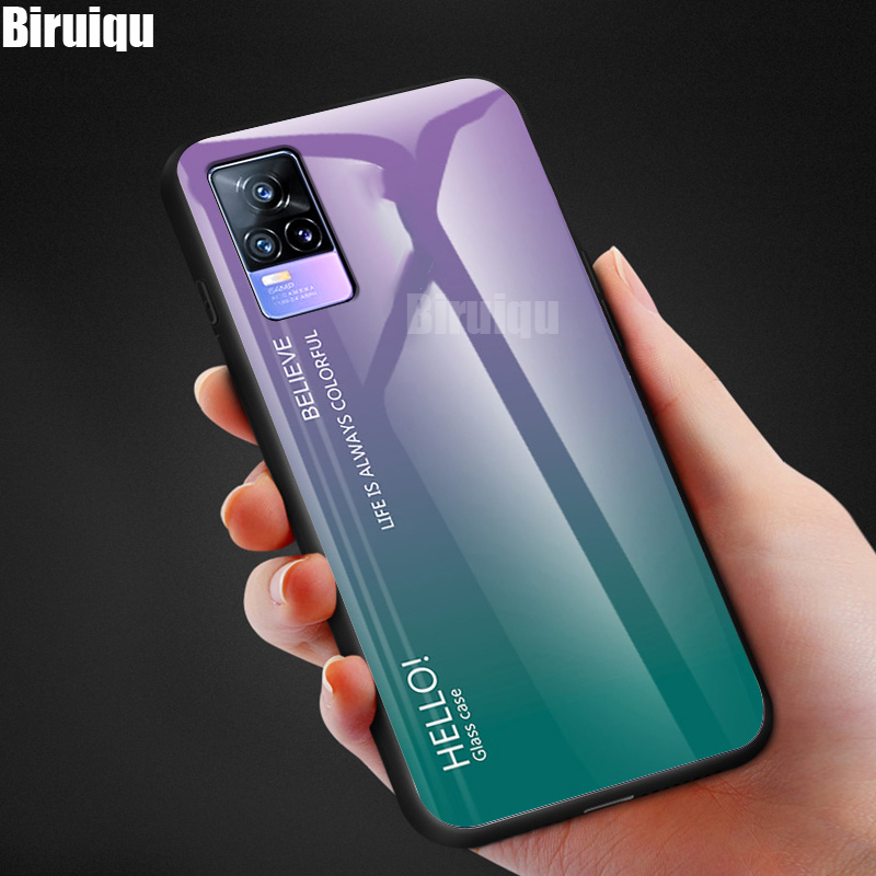 Biruiqu For VIVO V21e Shockproof Gradient Tempered Glass Back Soft Silicone Edge Case Cover