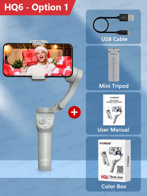 AXNEN HQ6 Gimbal for Smartphone, 3-Axis Handheld Gimbal, with Smart Tracking, Fill Light, Zoom, Stabilizer for iPhone Android. 