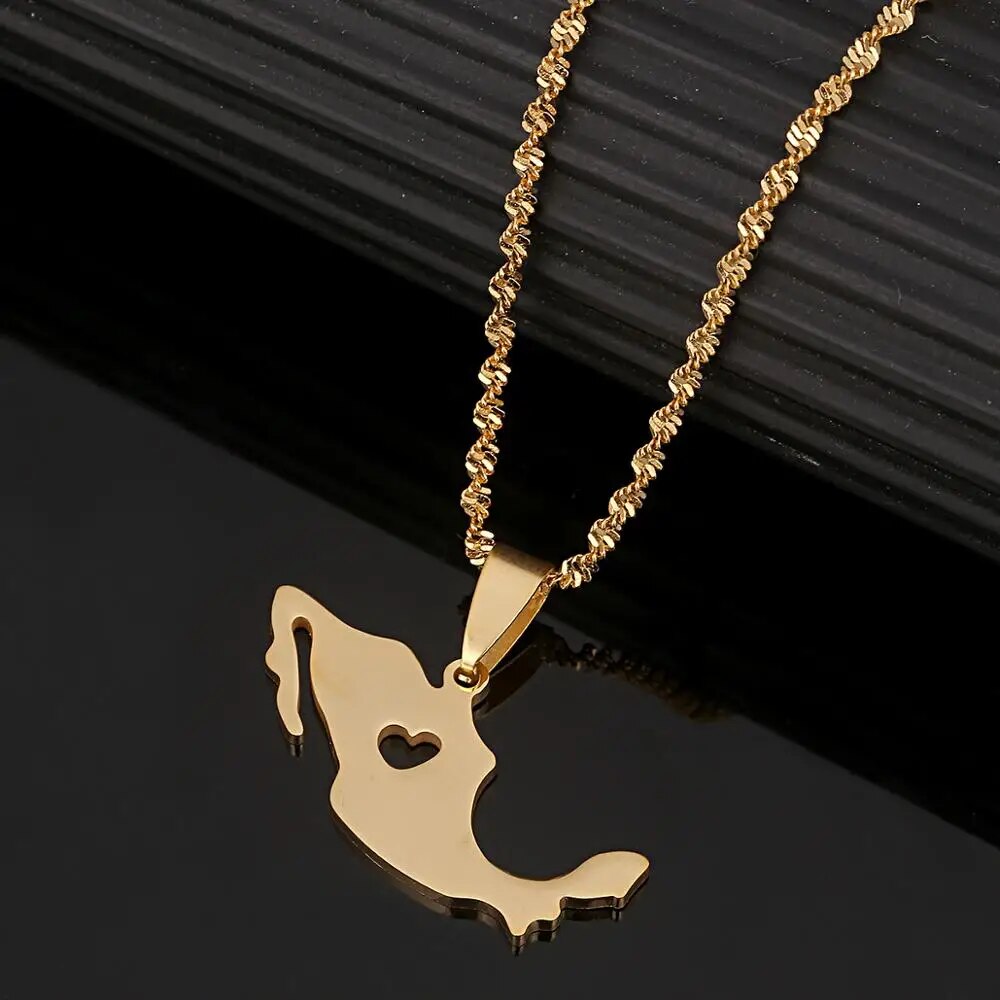 Stainless Steel Trendy Mexico Map Pendant Necklace Gold Color Mexican Maps Heart Jewelry