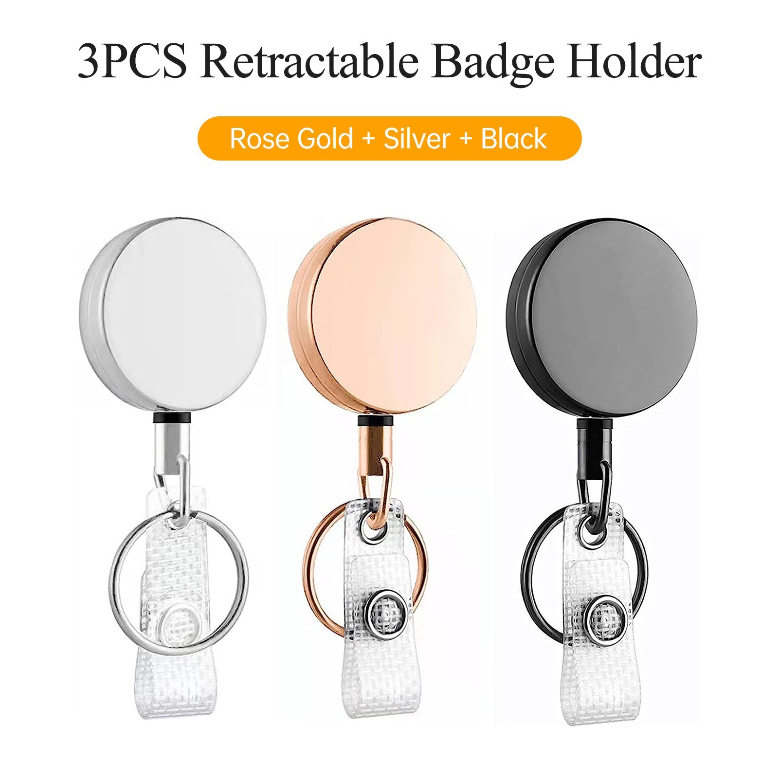 3pcs Retractable Badge Holder Metal Card Key Ring Clip and ID Lanyard