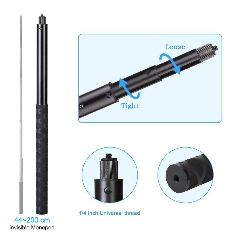 HONGDAK 2m Metal Invisible Extended Edition Selfie Stick Scalable Monopod for Insta360 X2 X3 Accessories For GoPro Stick Tripod. 