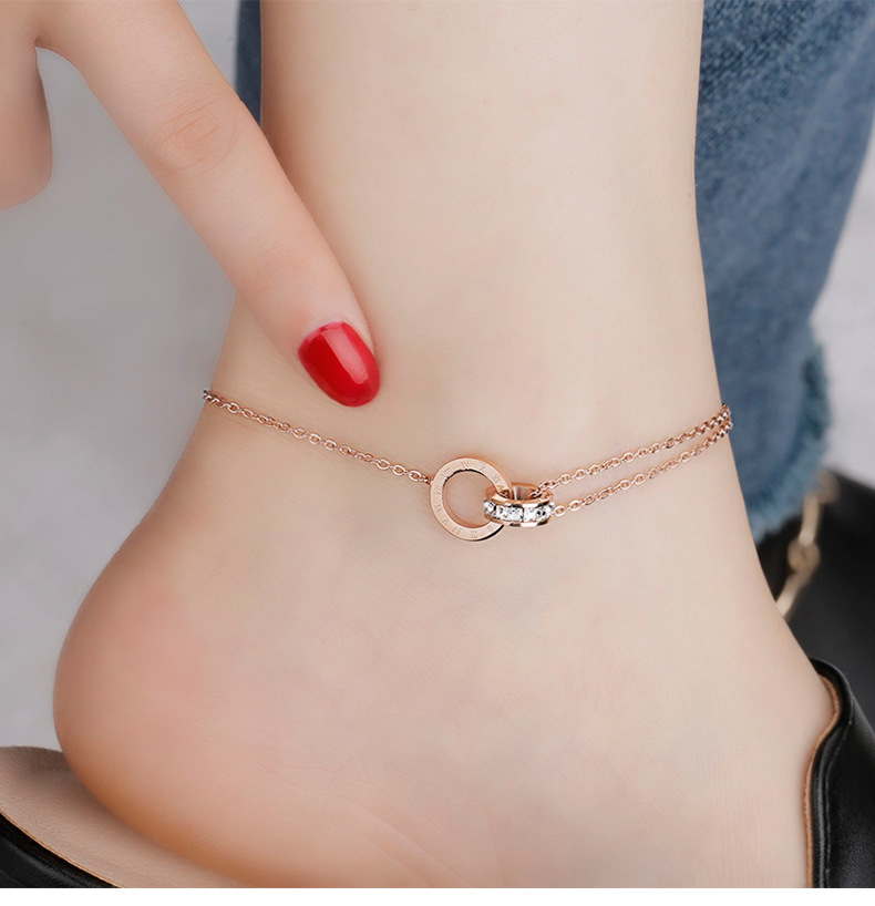 Wen Jian Korean version titanium steel rose gold Roman numerals diamond zircon double ring anklet for women summer fashion foot jewelry