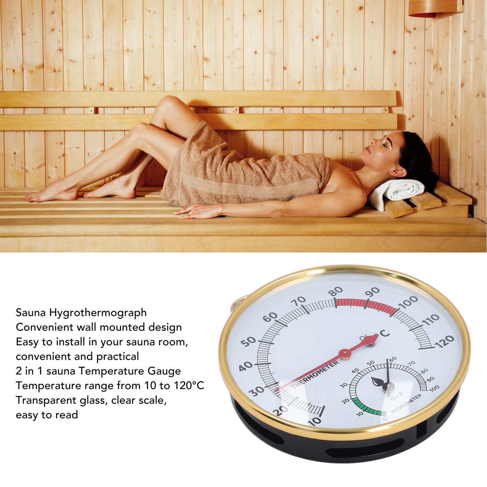 Sauna Thermometer Hygrometer Wall Mounted 10 To 120 degrees Celsius Multipurpose 2 in 1 Simultaneous Display Sauna Temperature Gauge for Home. 