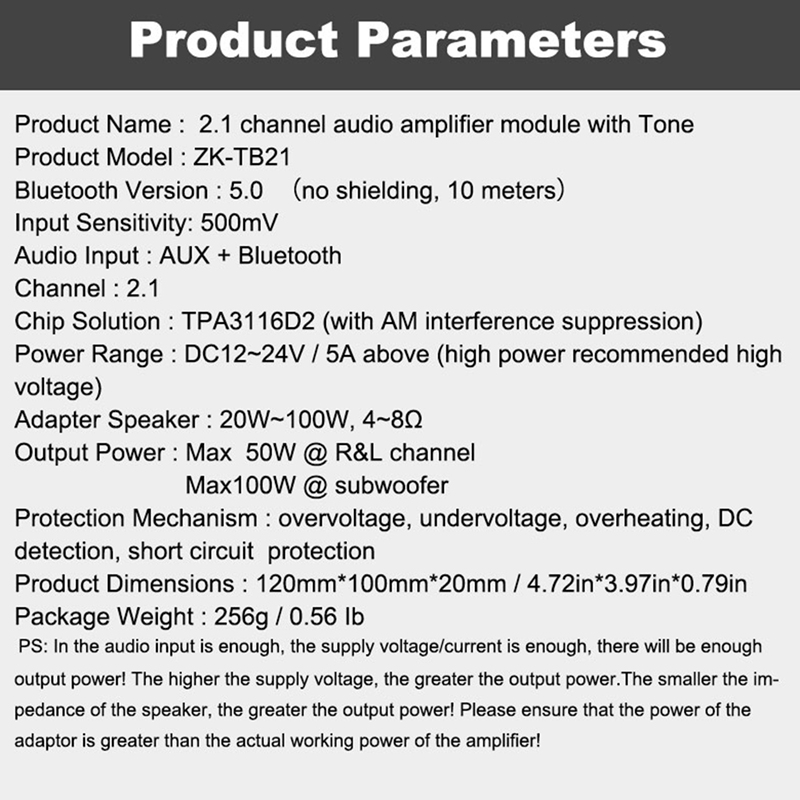 ZK-TB21 TPA3116D2 Bluetooth 5.0 Subwoofer Amplifier Board. 