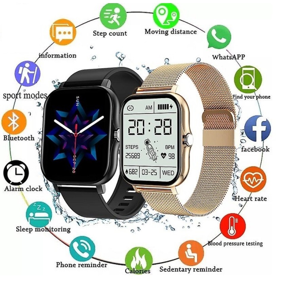 GT20 Smart Watch Bluetooth Calling Touch Display Metal Strip Extra Belt - Black. 