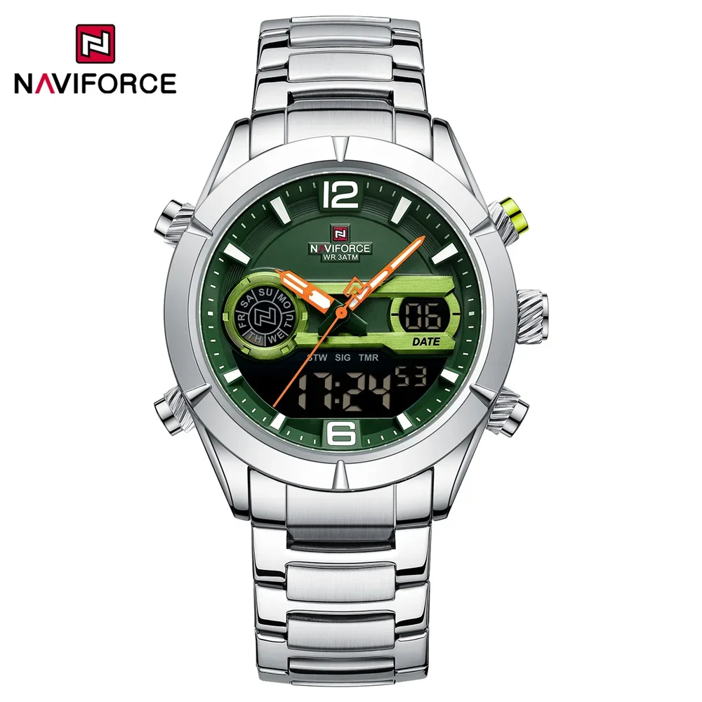 NAVIFORCE 9232 Men's Stainless Steel Military Unique Fashionable Quartz Luminous Dual Display LED Light Digital Alarm Clock For Men- Silver & Green. 