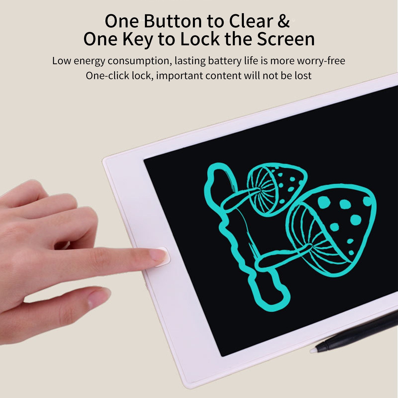 LCD writing pad with 10 inch monochrome screen, touch pen for writing notes for toddlers - white. 