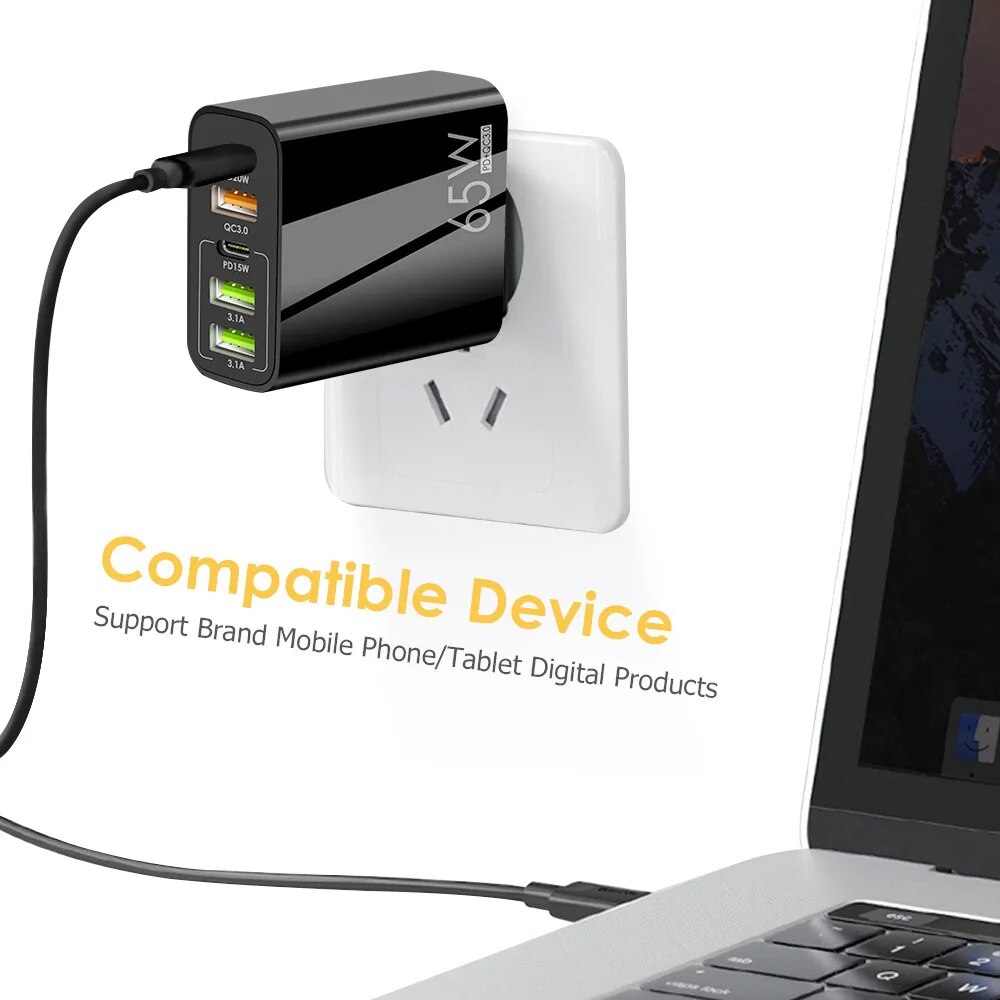 F002 65W 5-Port USB PD Charger 3USB-A+2USB-C PD QC3.0 Fast Charging Wall Charger Adapter EU Plug for 12 13 14 14 Pro Smart Phone. 
