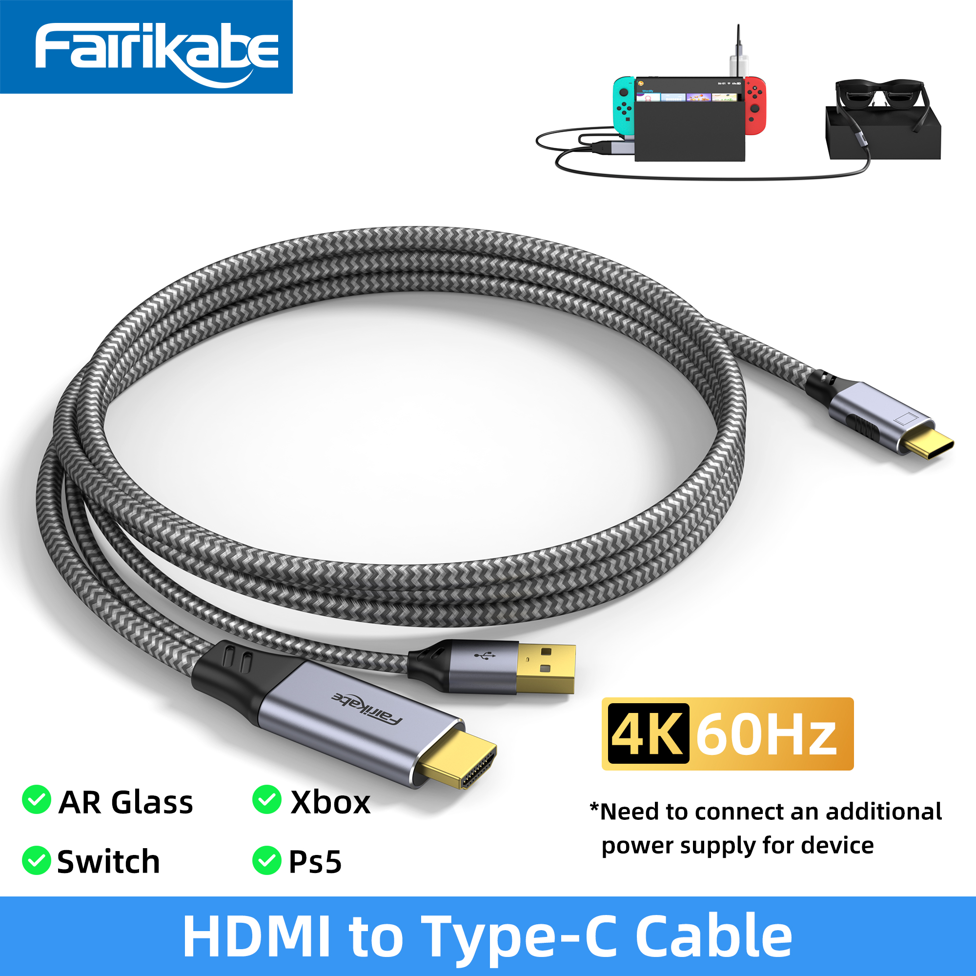 HDMI to C Type Cable 4K60Hz HDMI Adapter HDMI to USB C Cable for PS5 Switch Steam Xbox to Xreal Air Nreal Air Portable Monitor