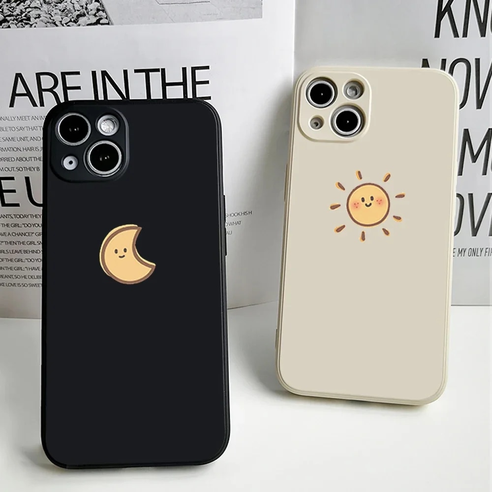 Simple Sun Moon Couple Phone Case for IPhone 11 12 13 14 15 Pro Max XR X XS SE2 7 8 Plus Line Mountain Scenery Matte Cover Shell