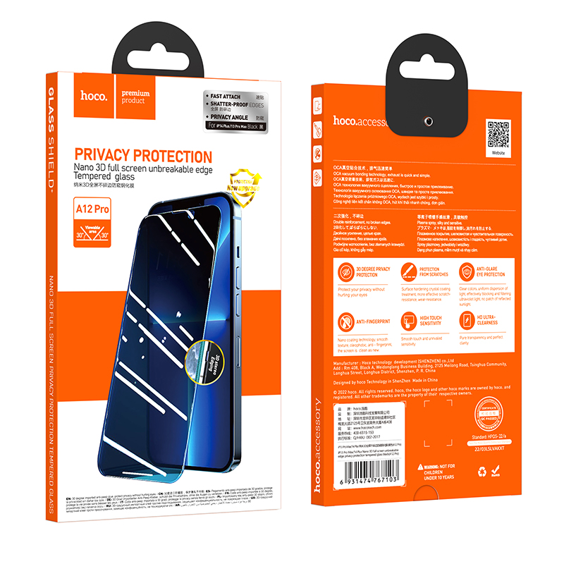 Hoco A12 Pro Nano 3D Unbreakable Privacy Glass for iPhone 13 Pro Max. 