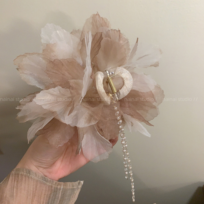 New Chinese Grabs Clip ~ Flower Retro Tassel Pearl 2024 New National Style Hanfu Shark Clip Big Flower Hair Ornament