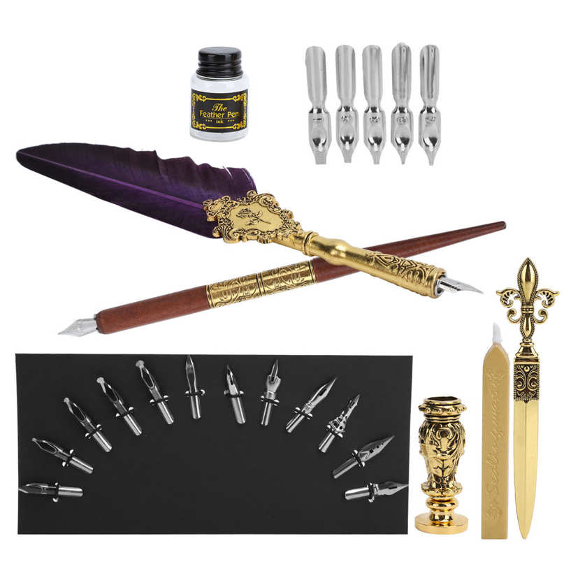 Feather Pen Kit Set Calligraphy Writing Drawing Quill Dip Vintage Art Craft Collection. 
