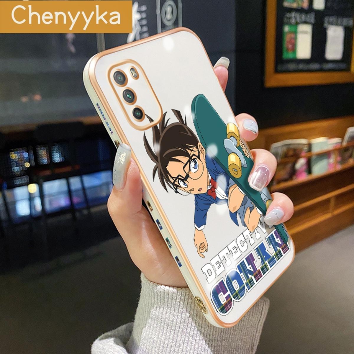 Chenyyka For Xiaomi MI POCO M3 Case Fashion Conan Side Edge Cases Thin Luxury Plating Pattern Casing Full Lens Cover Camera Protect Shockproof Softcase
