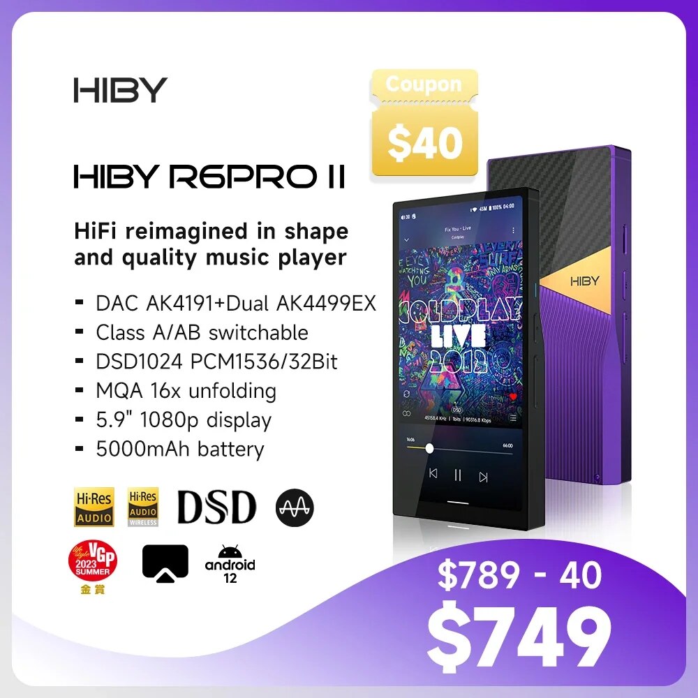 HiBy R6 Pro II / R6 Pro GEN 2 Android Music Player WIFI Bluetooth USB DAC Headphone AMP MQA 16x DSD1024 PCM1536KHz 1080P 5000mAh