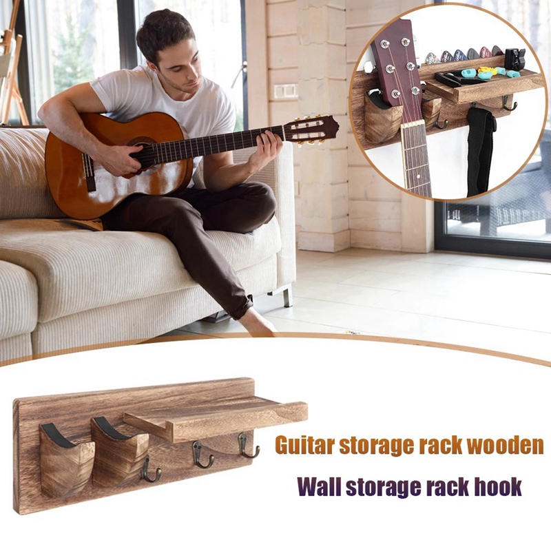 Guitar Wall Hanger Guitar Holder Wall Mount Bracket Hanger Guitar Wood Hanging with Pick Holder and 3 Hooks Carbonized. 