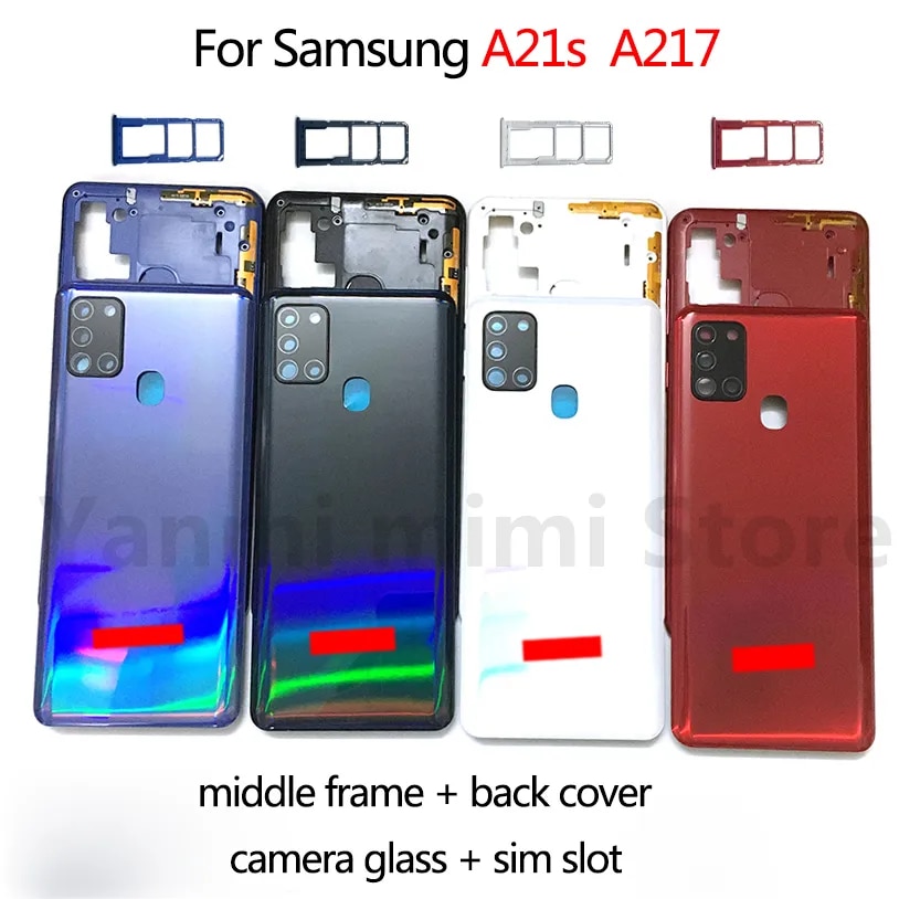 New For Samsung Galaxy A21s A217 Housing Middle Frame Chassis battery cover  shell Lid Case Rear Back Panel camera Glass Sim slot