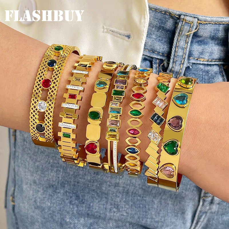 ALLYES Fashion Colored Rhinestone Zircon Stainless Steel Bangles Bracelets for Women Gold Color Waterproof Jewelry Gift