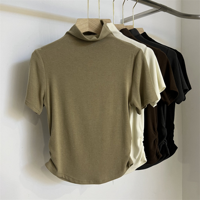 Modal Rayon Pleated Waist Tight Half Turtleneck Short Sleeve on Both Sides T Women's Short T-shirt. 