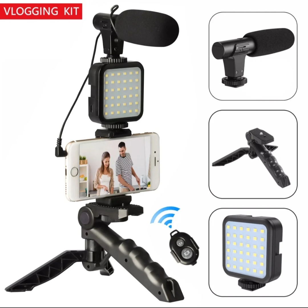 Professional AY-49 Smartphone Vlog Video Fill Light Kit with Tripod Microphone Phone Stand Remote Controller Shooting-Video Making kit Stabilizers- Vlogging Kit. 