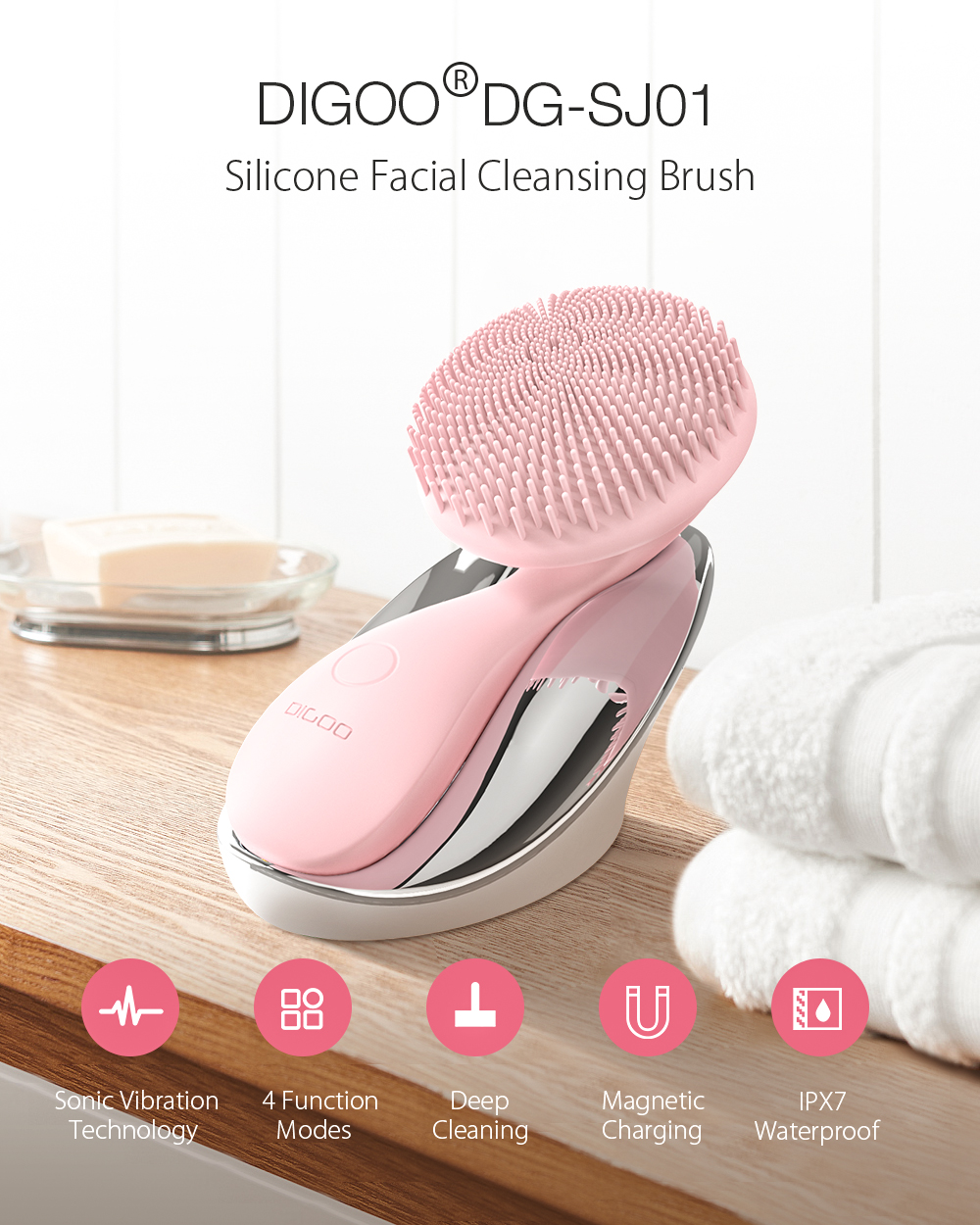 DIGOO SJ01 Silicone Ultrasonic Facial Cleansing Brush Face Body Cleanser 4 Function Modes with Rotating Magnetic Beads Skin Rejuvenation Deep Cleaning. 