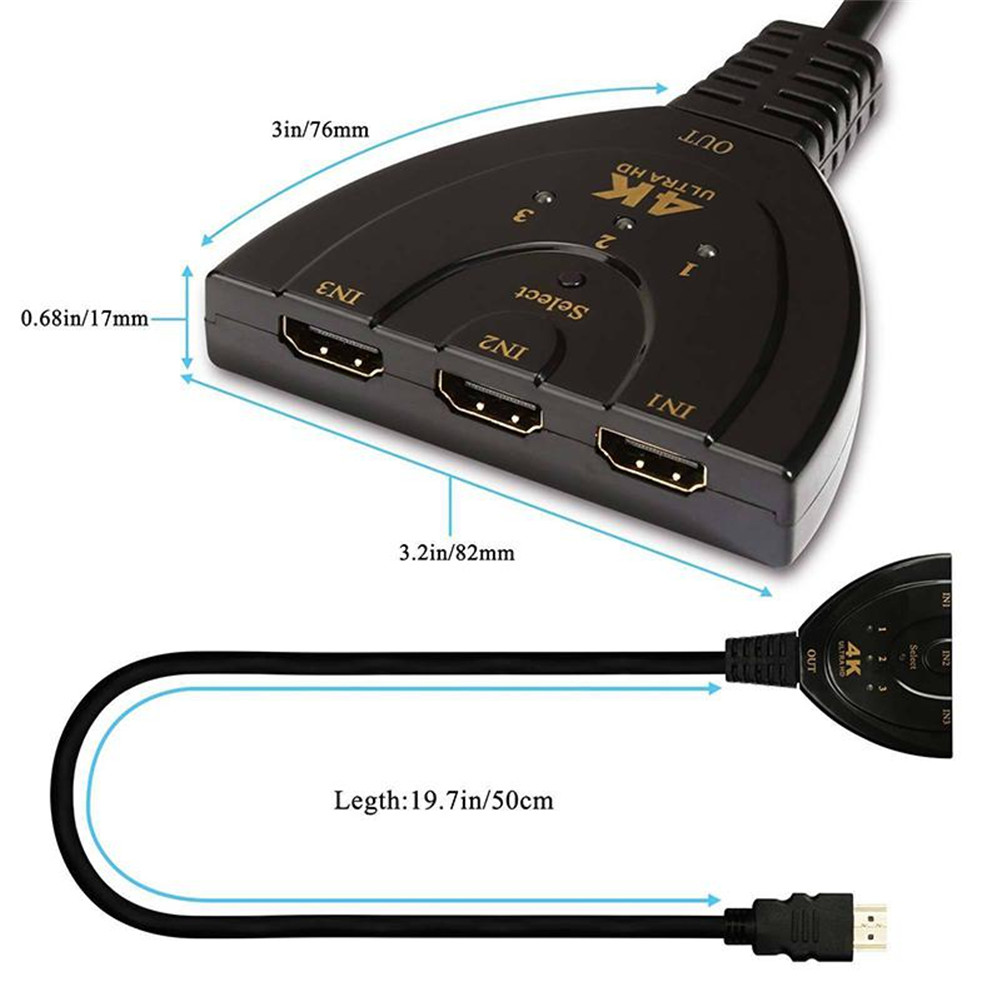 for 3-Port HDMI Splitter Switcher with Pigtail Cable Supports 4K 2K 1080P 3D Player DVD HDTV 3-in 1-out Port Hub for Xbox PS3 PS4 R25. 