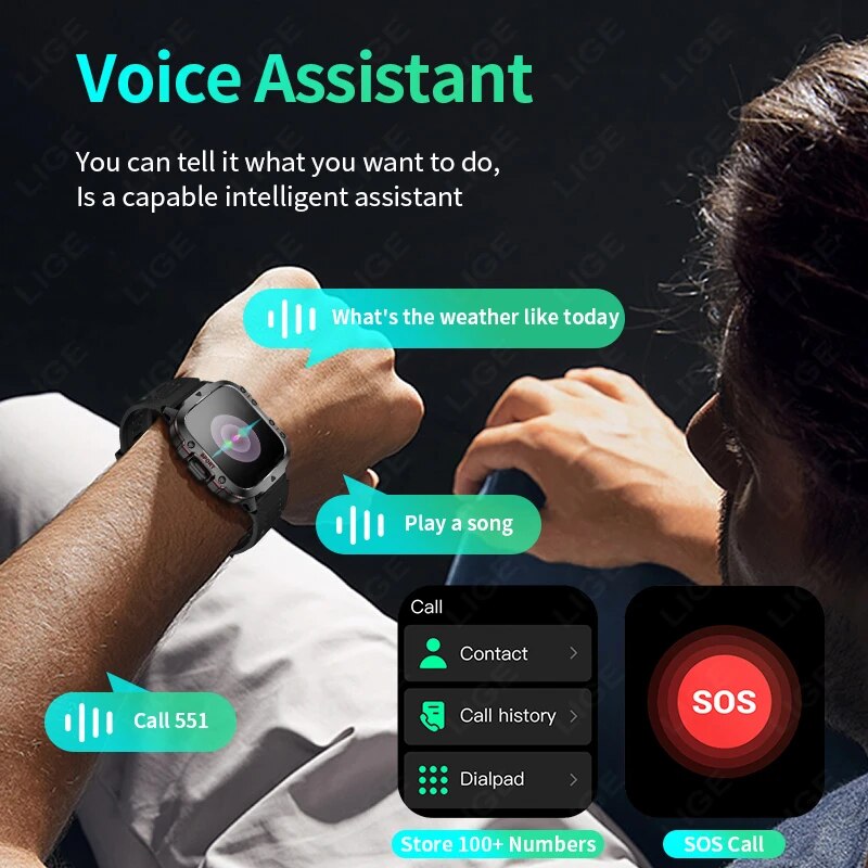 LIGE 2024 Smart Watches Men's Rugged Military Bluetooth Call Sport Heart Rate IP68 Waterproof Outdoor Smartwatch for Android IOS. 