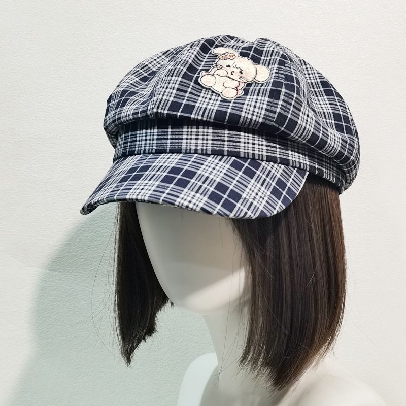 New explosive mikko kitten retro beret girl show face cute and versatile checked octagonal hat. 