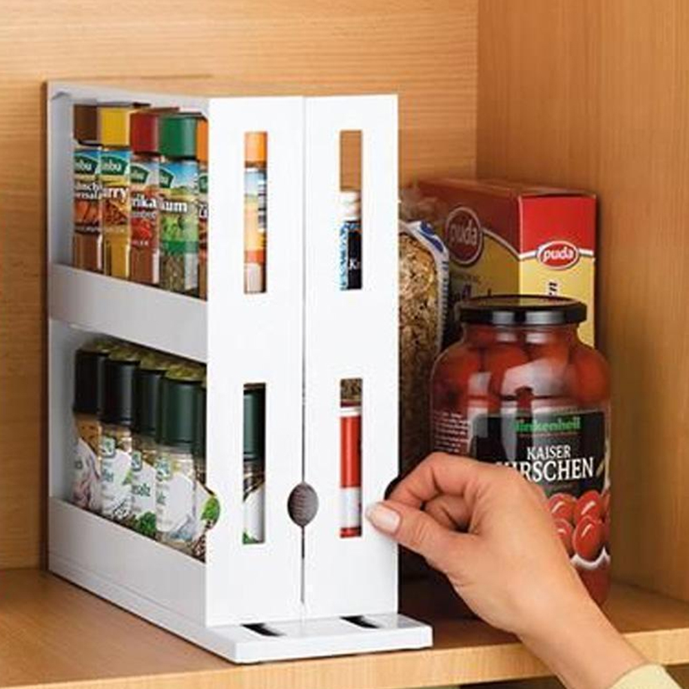 Cabinet Caddy (white)- Modular Rotating Spice Rack Organizer, Two 2-Tiered Shelves, Non-Skid Base. 