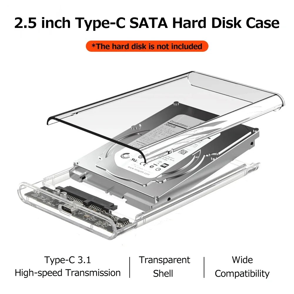 USB 3.0/Type C HDD Enclosure 2.5 inch SATA SSD External Hard Drive Case with 5Gbps Transfer Speed Clear Harddisk Boxs Tool-Free. 