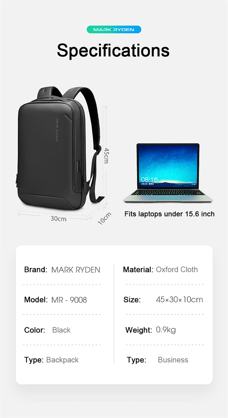Mark Ryden MR-9008 15.6 inches Laptop Backpack Waterproof Frabic with USB Charging Interface Separate Dry & Wet Layer Design. 