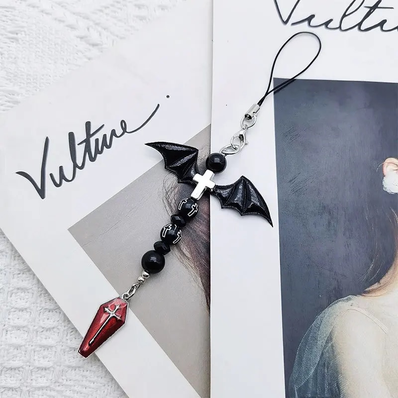 Y2K Mobile Phone Charm Chain Strap Demon Bat Wings Coffin Cross Gothic Punk Goth Lanyard Keychain Pendant for Girl Woman