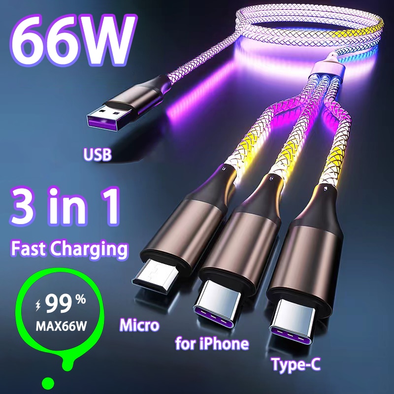 RGB data cable one tow three car luminous breathing gradient super fast charging for Apple Android Type-C