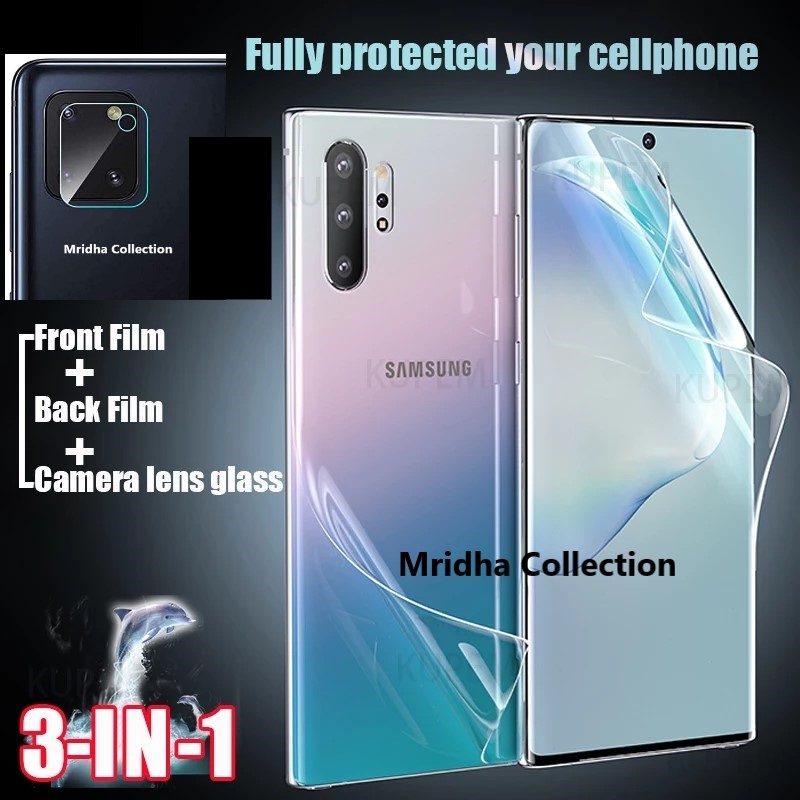 Samsung galaxy note 10 lite এর জন্য 3 ইন 1 প্রটেক্টর কম্বো প্যাক (ফ্রন্ট স্ক্রিন প্রোটেক্টর পলি + ব্যাক প্রোটেক্টর পলি + ক্যামেরা লেন্স প্রোটেক্টর)