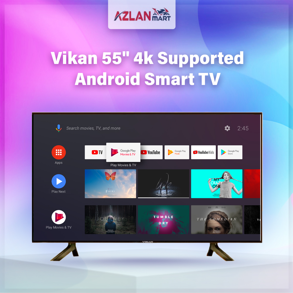 Vikan 55 Inch Android Smart WiFi Voice Control 4k UHD Led Tv Ram 2 gb Rom 16 gb