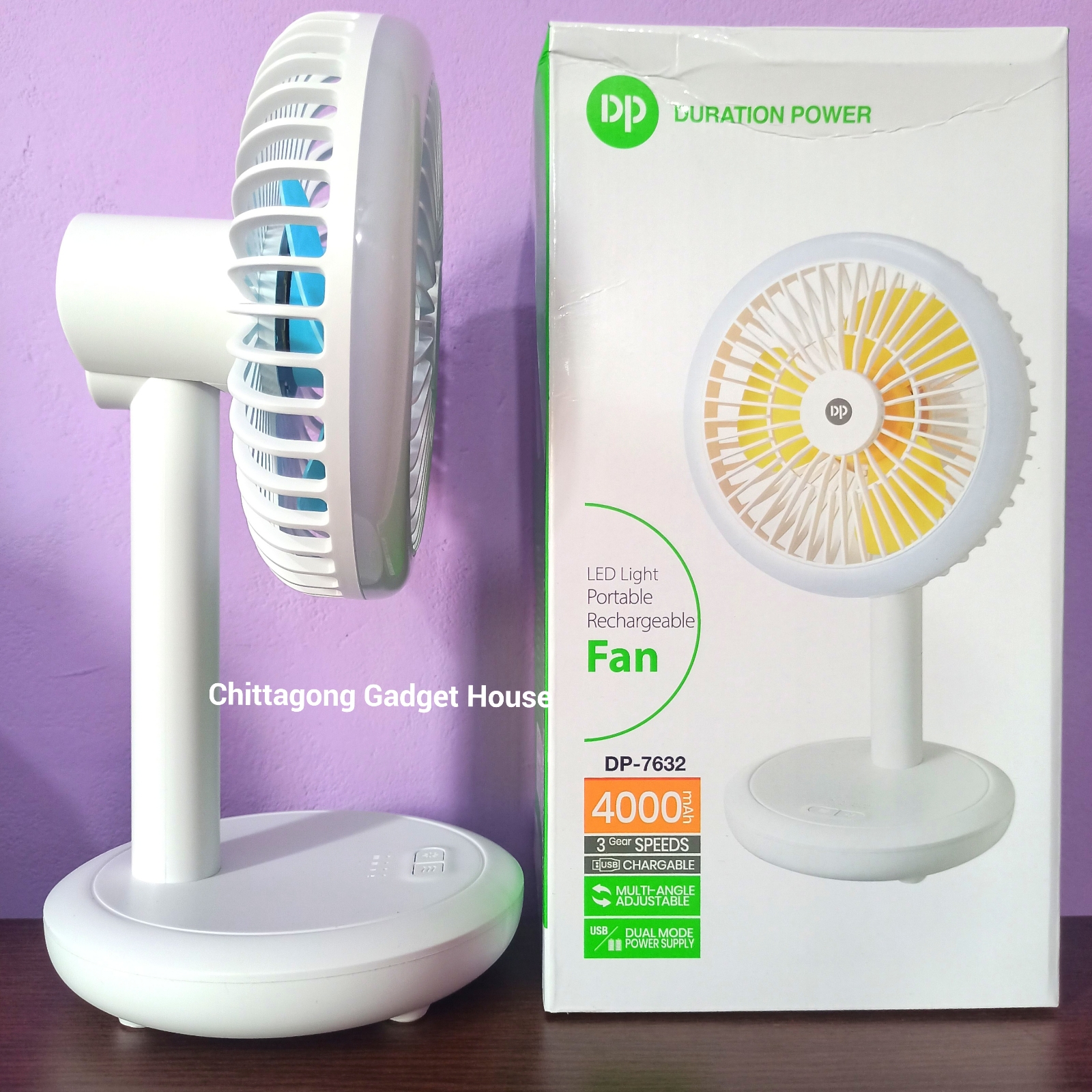 DURATION POWER DP-7632 Rechargeable 4000mAh Battery Up-Down Adjustable Three Speed Modes Fan With LED Lamp. 
