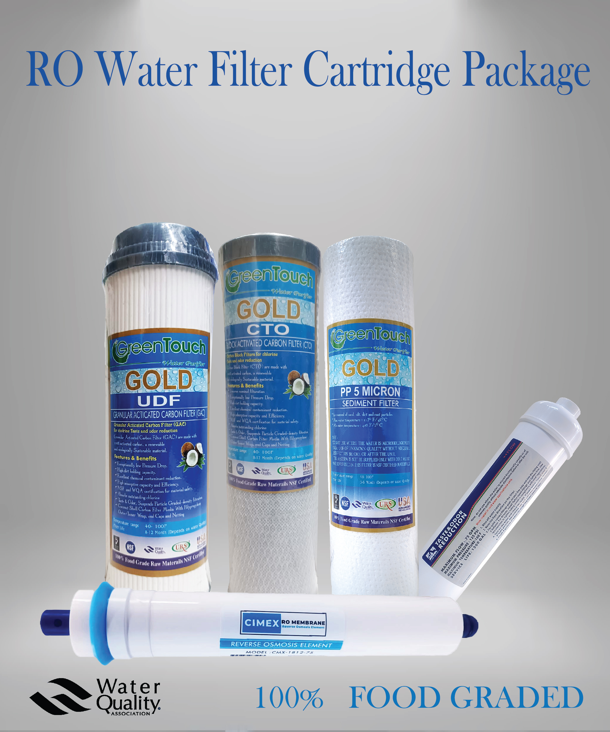 RO Water Purfier Filter Cartridge Package OF (UDF, CTO, PP, RO Membarne, Taste & Odor.)