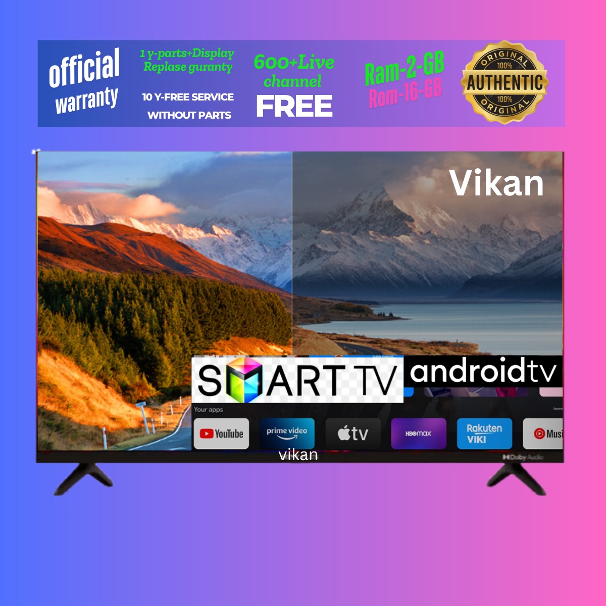 Vikan 32'' Double Glass tv Smart Android Tv Ram 2 Gb Rom 16 Gb 4K Supported Led Tv