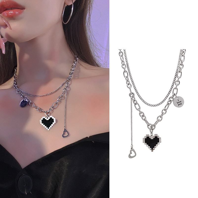 【Toy life hall】New 2023 Punk Mosaic Pixel Double Layer Black Heart Pendant for Women