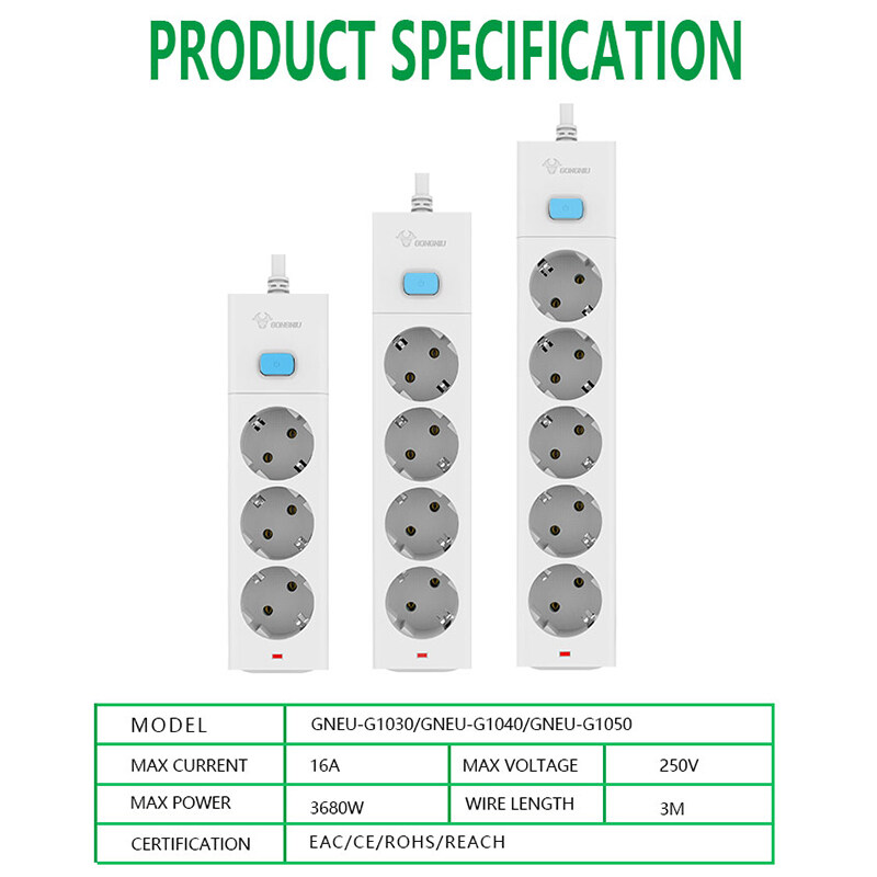 Bull 16A 3680W 3/4/5 Way AC Universal Outlets Plug Home Socket EU Plug Power Strip Overload Protection Extension Cord - 3-hole 3M gneu-g1030-30. 