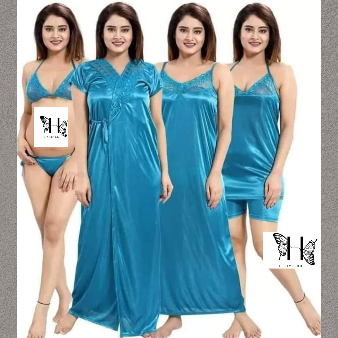 6part Night Dress Silk Color Nighty Comfort Sleeping Dress pink purple blue misty Red Color Indian Silk Super Soft and elegan night hot romantic dress for women bikini penty nighty for women silk dress silk dress for girl