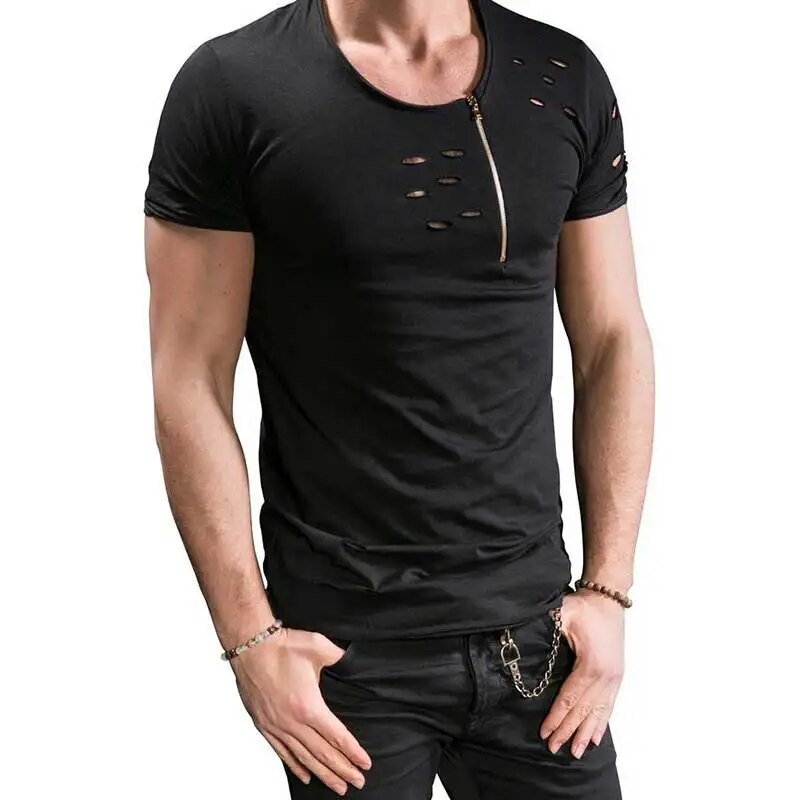 Hole ripped t shirts men short sleeve t-shirt fitness summer clothes men's funny solid tshirt streetwear slim tops tees. 