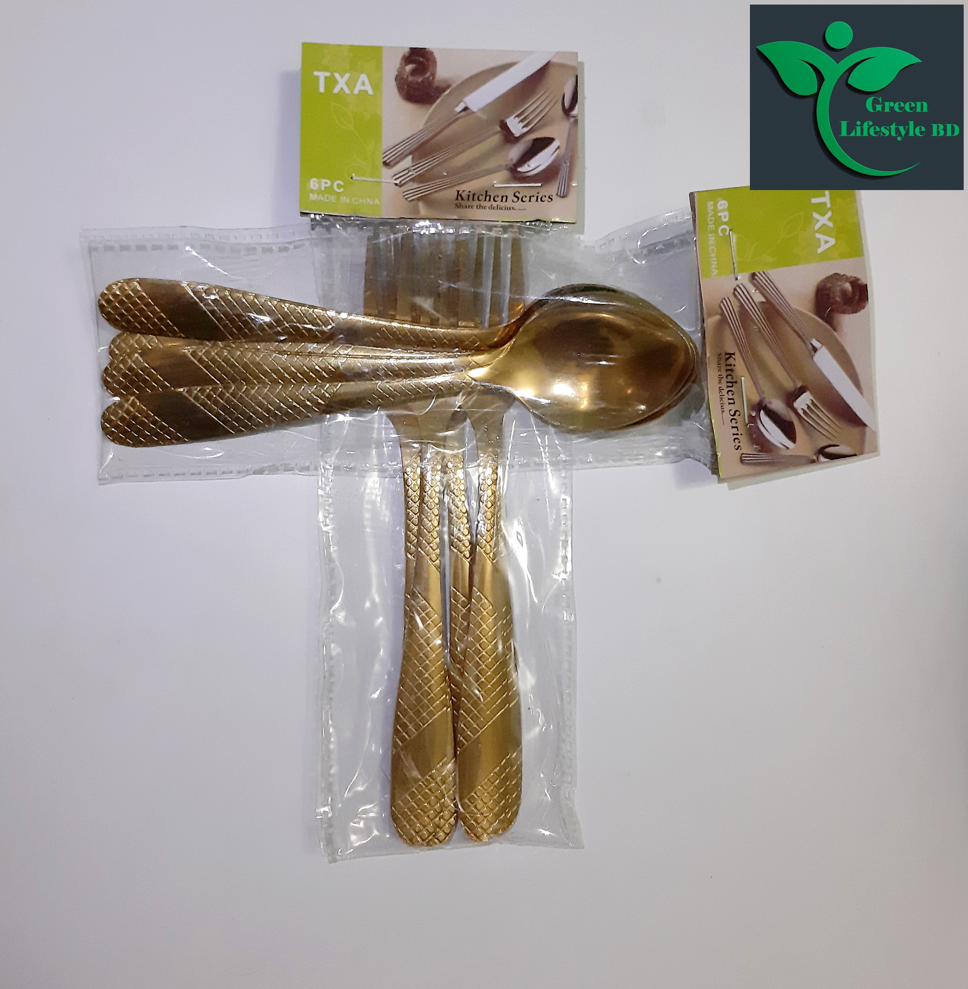 12-Pcs Set Golden Color Tea Spoon Set Stainless Steel (Tea Spoon 6-Pcs & Fork Spoon 6-Pcs) -Chopsticks