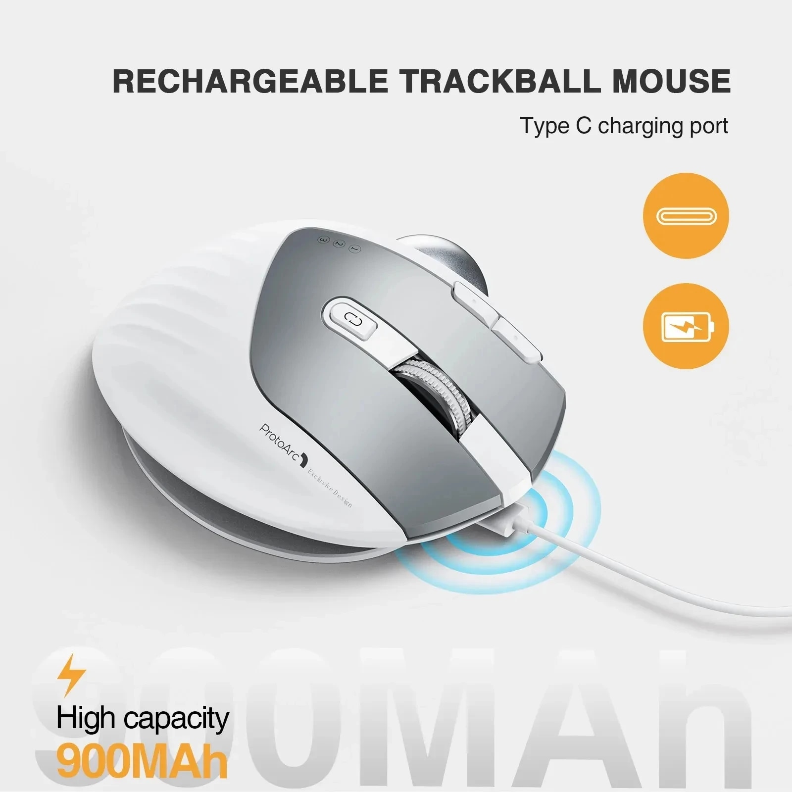 ProtoArc EM01 Trackball Mouse RGB Wireless 2.4G Bluetooth Ergonomic Mouse Rechargeable Rollerball Mice for Laptop PC iPad Mac. 